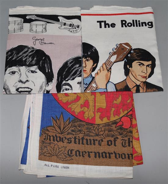 Three 1960s colour printed tea towels, The Beatles, Rolling Stones and Prince of Wales Investiture, mint condition